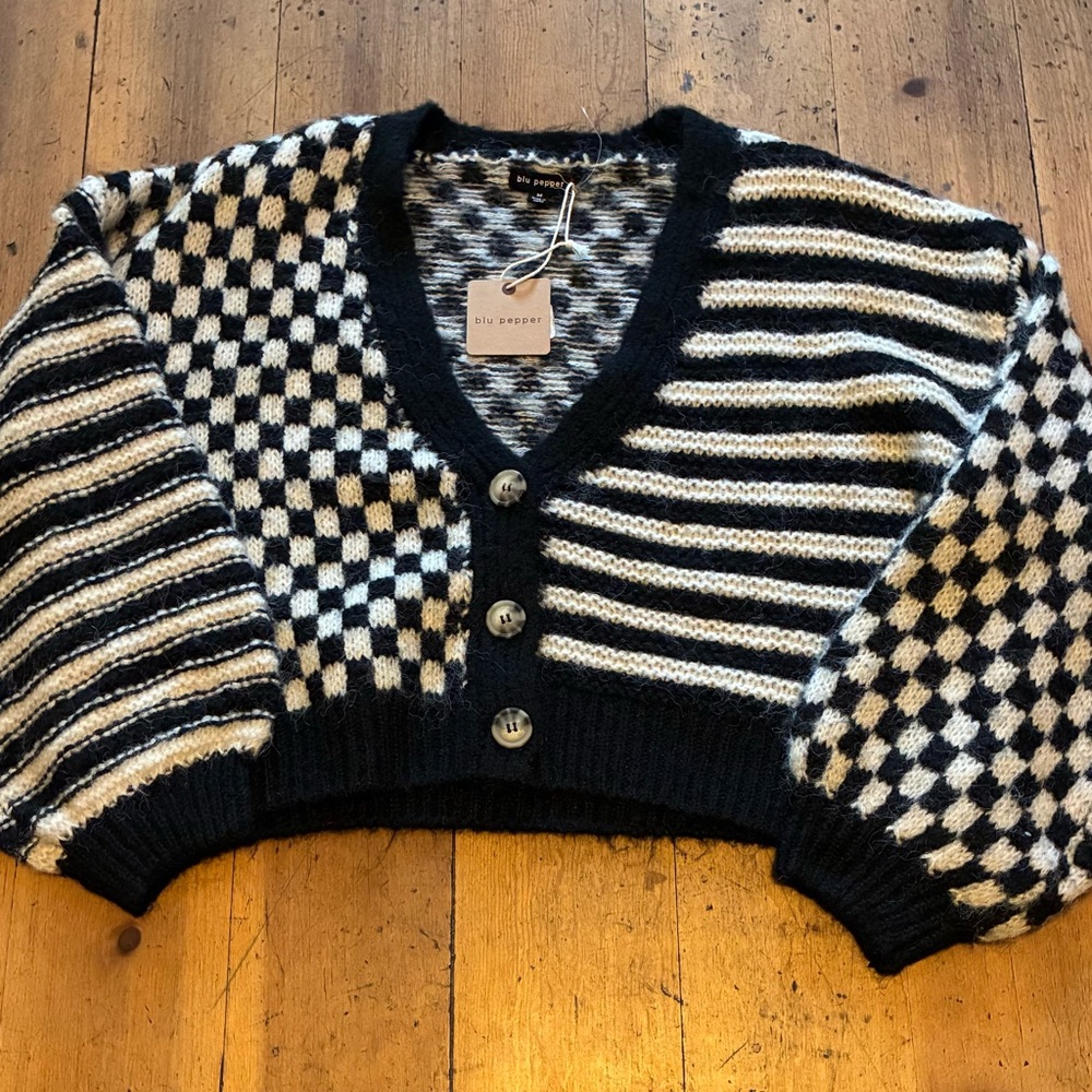 Blu Pepper Black and Cream Patterned Cardigan